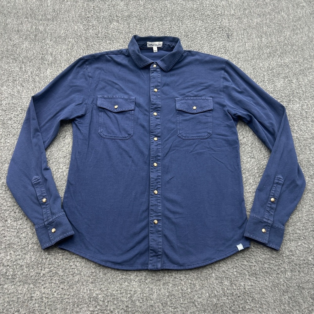 Peter Millar Mens Small Lava Wash Navy Pima Cotton Pearl Snap Shirt